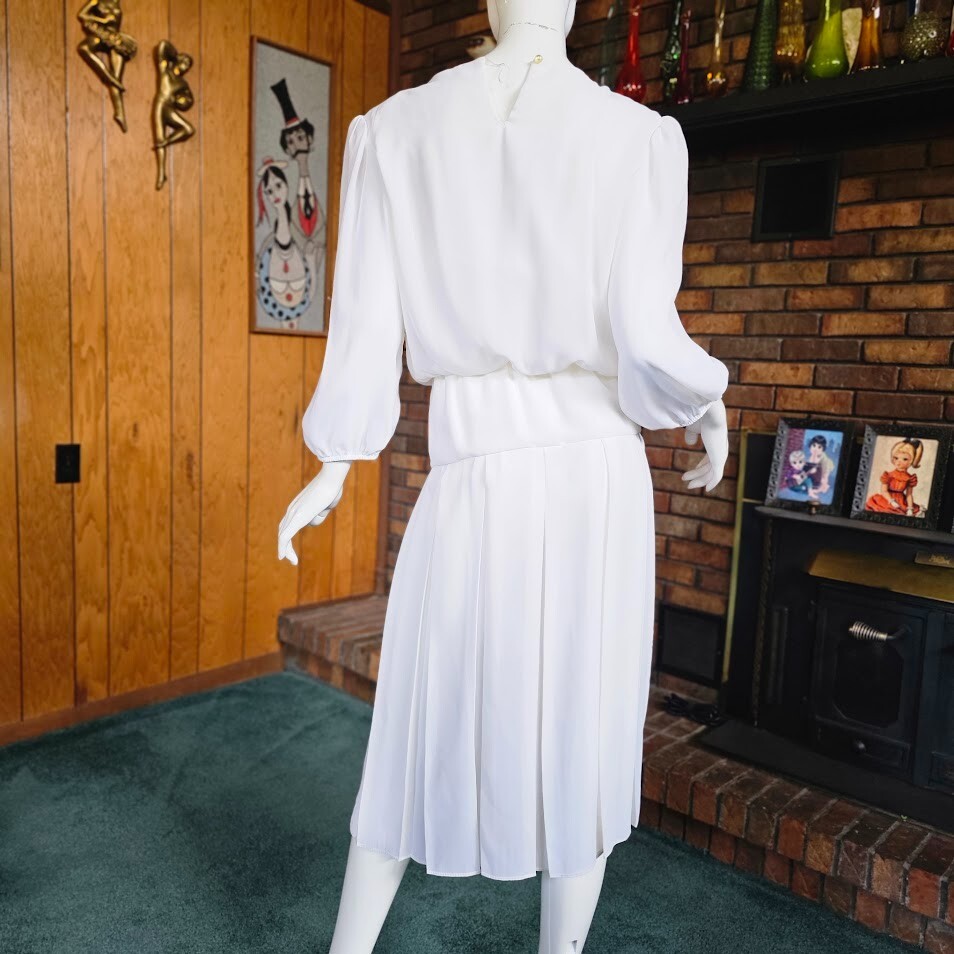 Vintage 80s Sheer Disco Winter White Gold Glitter Flame Blouson Party Dress S/M