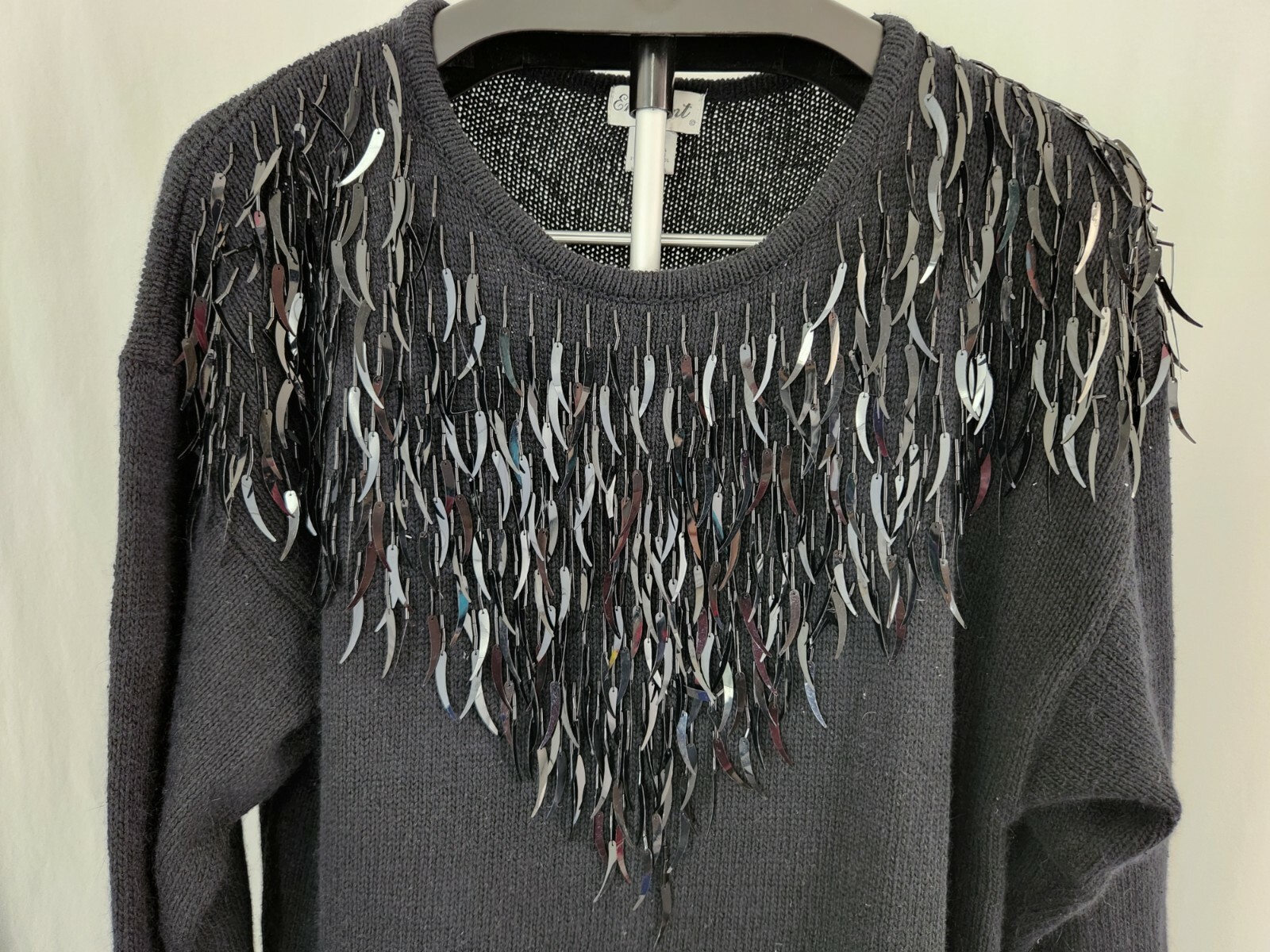 VTG Eminent Black Knit Sweater with Dangling Beads SZ L