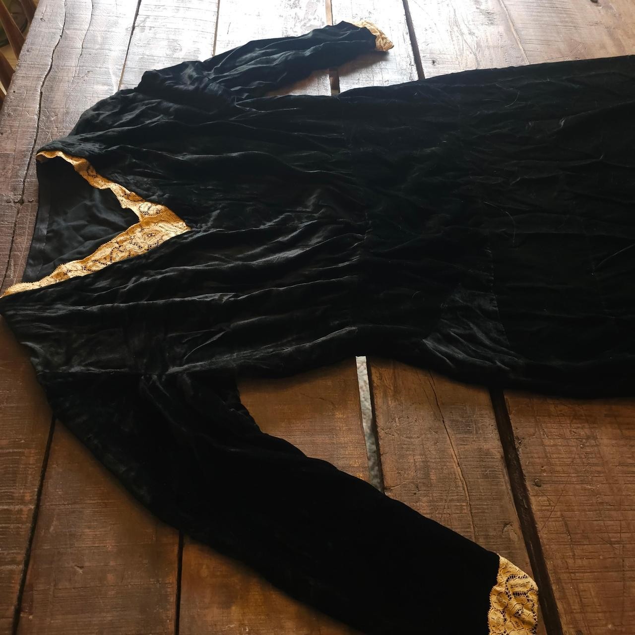 Antique Black Velvet Dress W/ Lace Detailing on Sleeves &Cuffs Long Sleeve Vneck