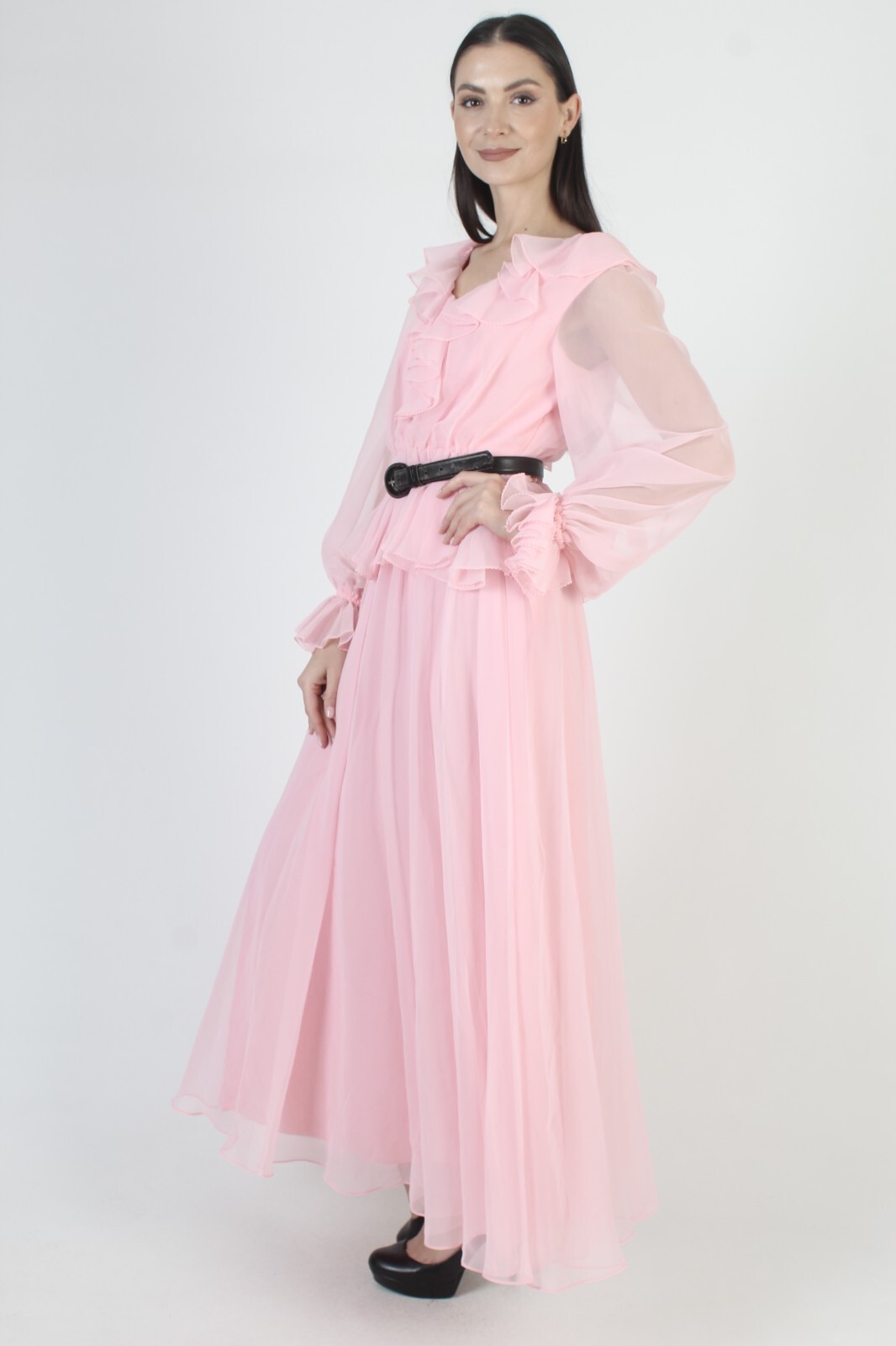 Vintage Cotton Candy Pink Chiffon Dress Sheer Slv Ruffle Party Peplum Maxi Gown