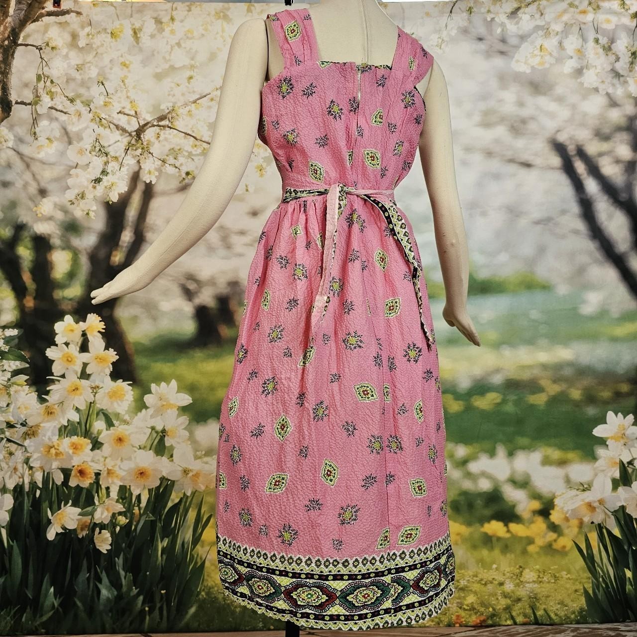 Vintage 1950s Searsucker Bright Pink & Green Floral Dress Lace Trim Sleeveless