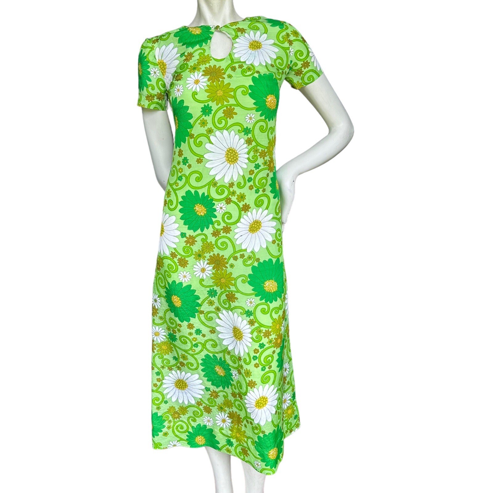 Vintage 60s 70s Handmade Floral Psychedelic Keyhole Neckline Midi Dress XS?