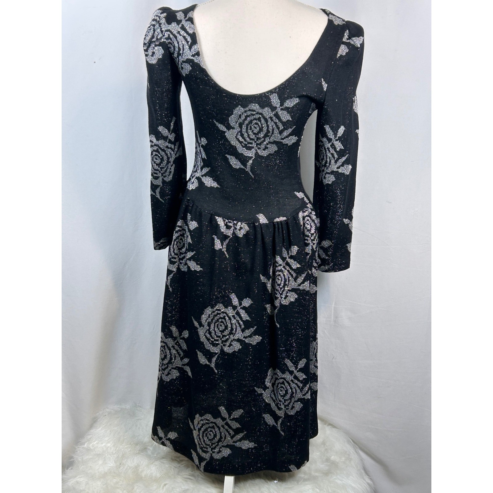 Vintage Hot Line Arlene Murry Black Silver Metallic Rose Knit Midi Dress 9/10