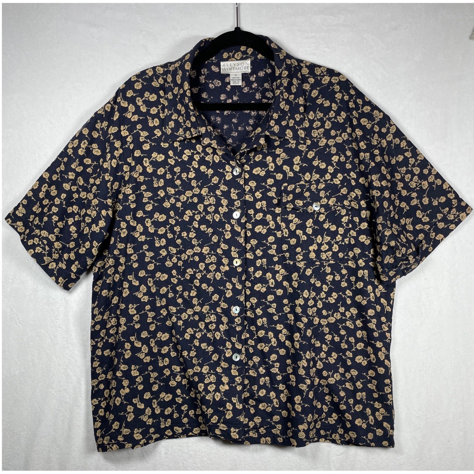 vintage 100% raw silk slub floral print boxy camp shirt L cottagecore natural