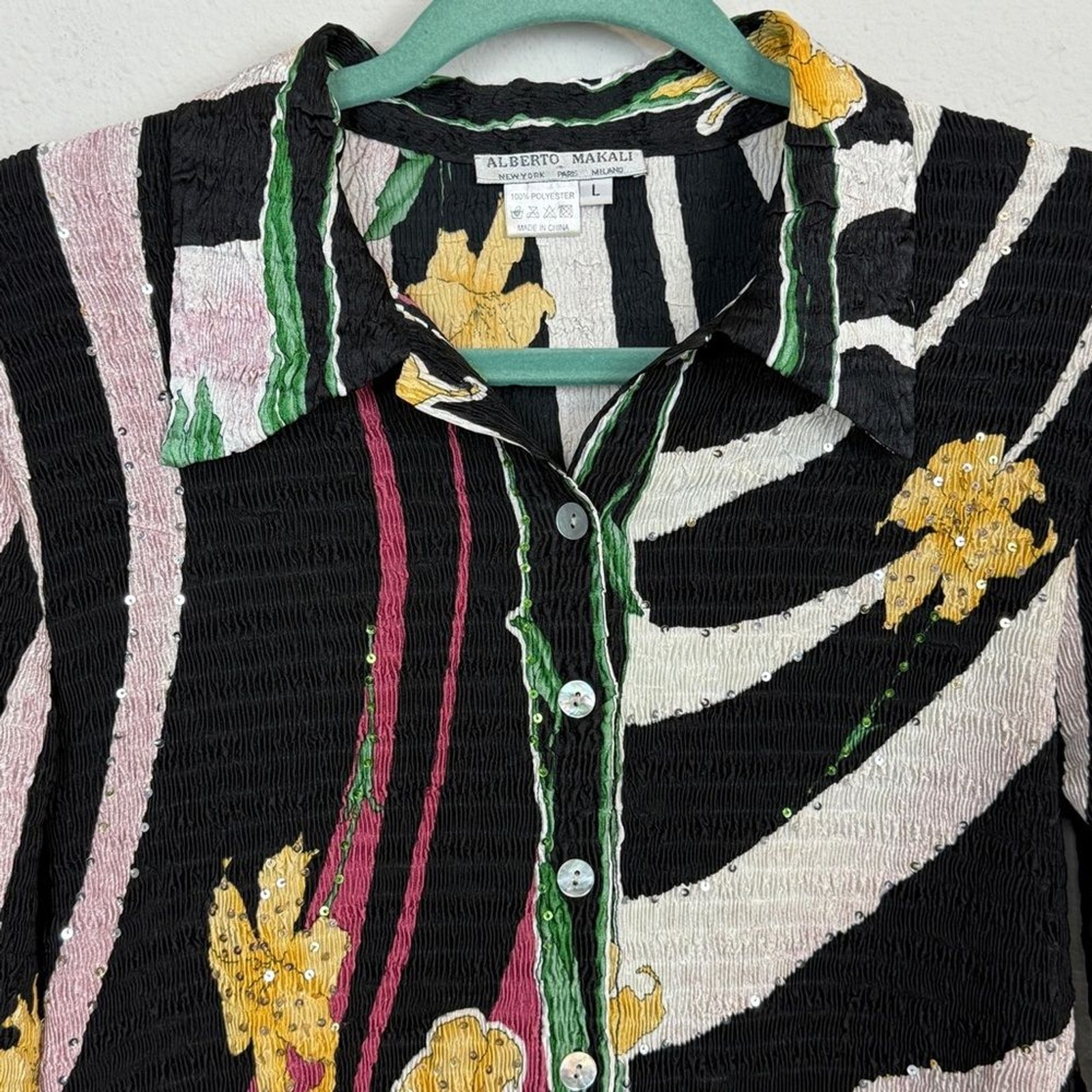 Vintage Alberto Makali Floral Crinkle Sequin Shirt L