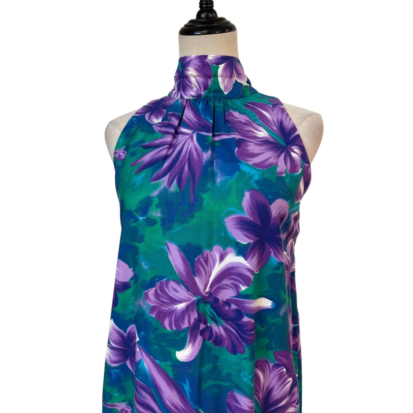 Vtg 60s 70s Fashions of Hawaii Dress Women sz s/m Teal Purple Floral Bow resort