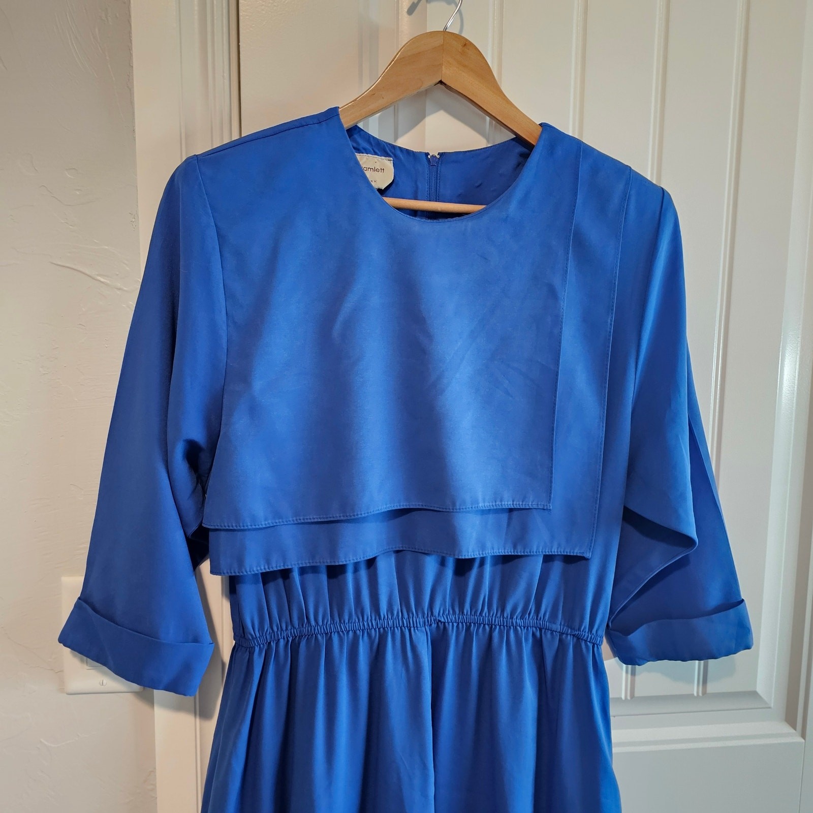 Vintage Shirt Dress Womens 13/14 Blue Lagenlook 80s Pleated Midi Retro Mod Glam
