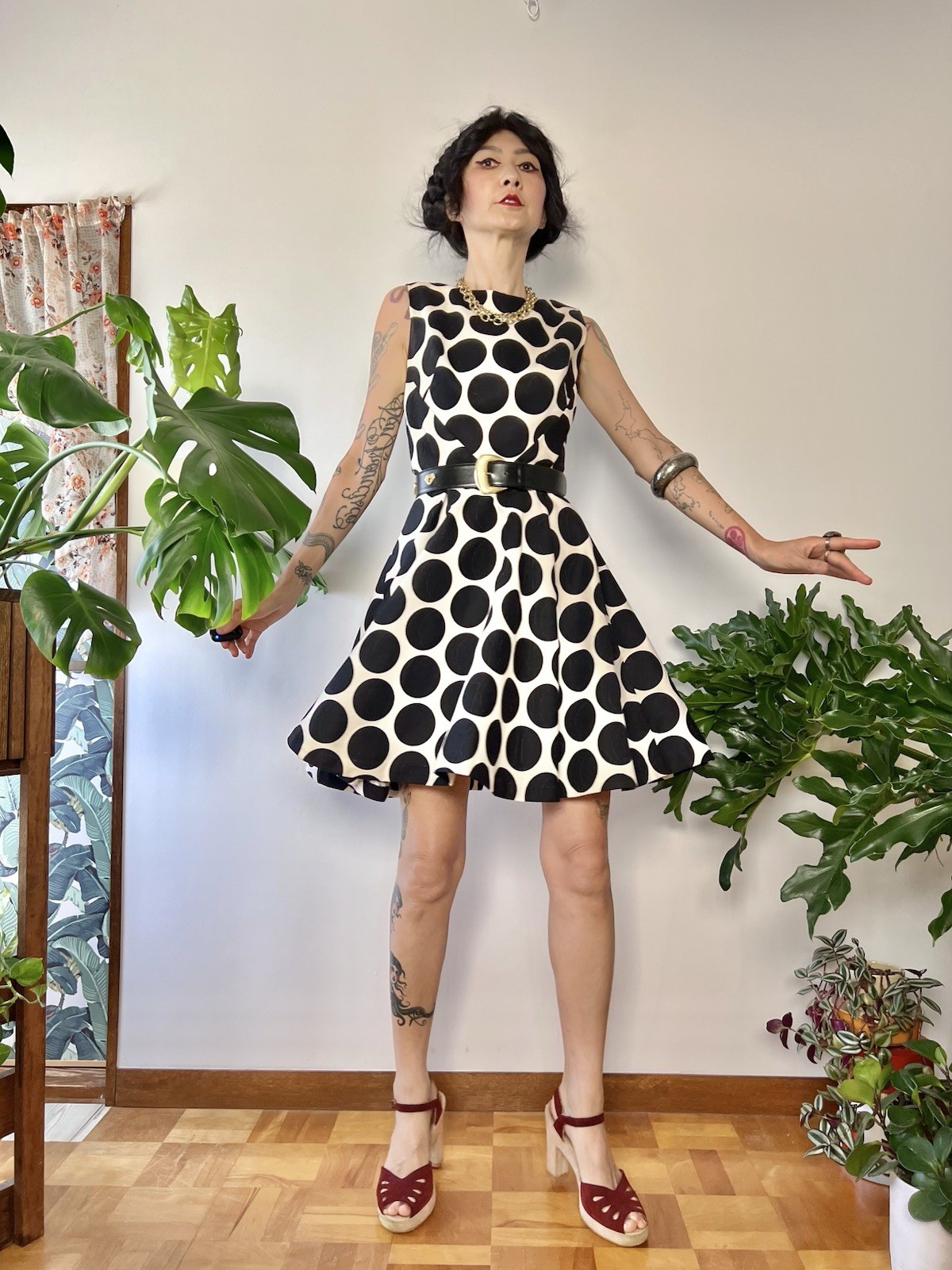 VTG 60s does 50s SABA CA Polka Dot Circle Skirt Dress Bullet Bust Mod S/M