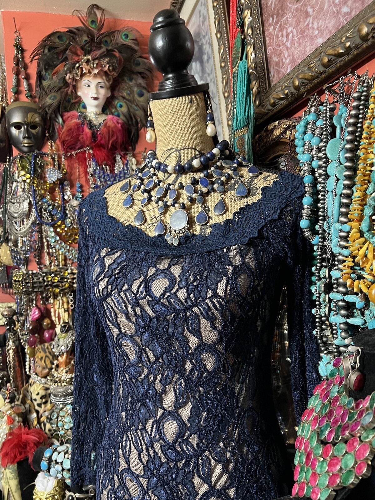 Sexy Beautiful “Va Va Voom” Crochet Lace Navy Blue Body-Con Maxi Dress Large