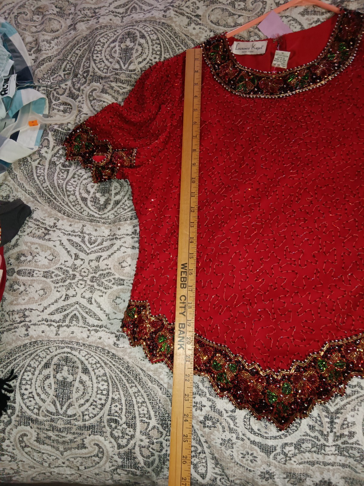 vintage Laurence Kazar red silk beaded and sequined holiday top XL