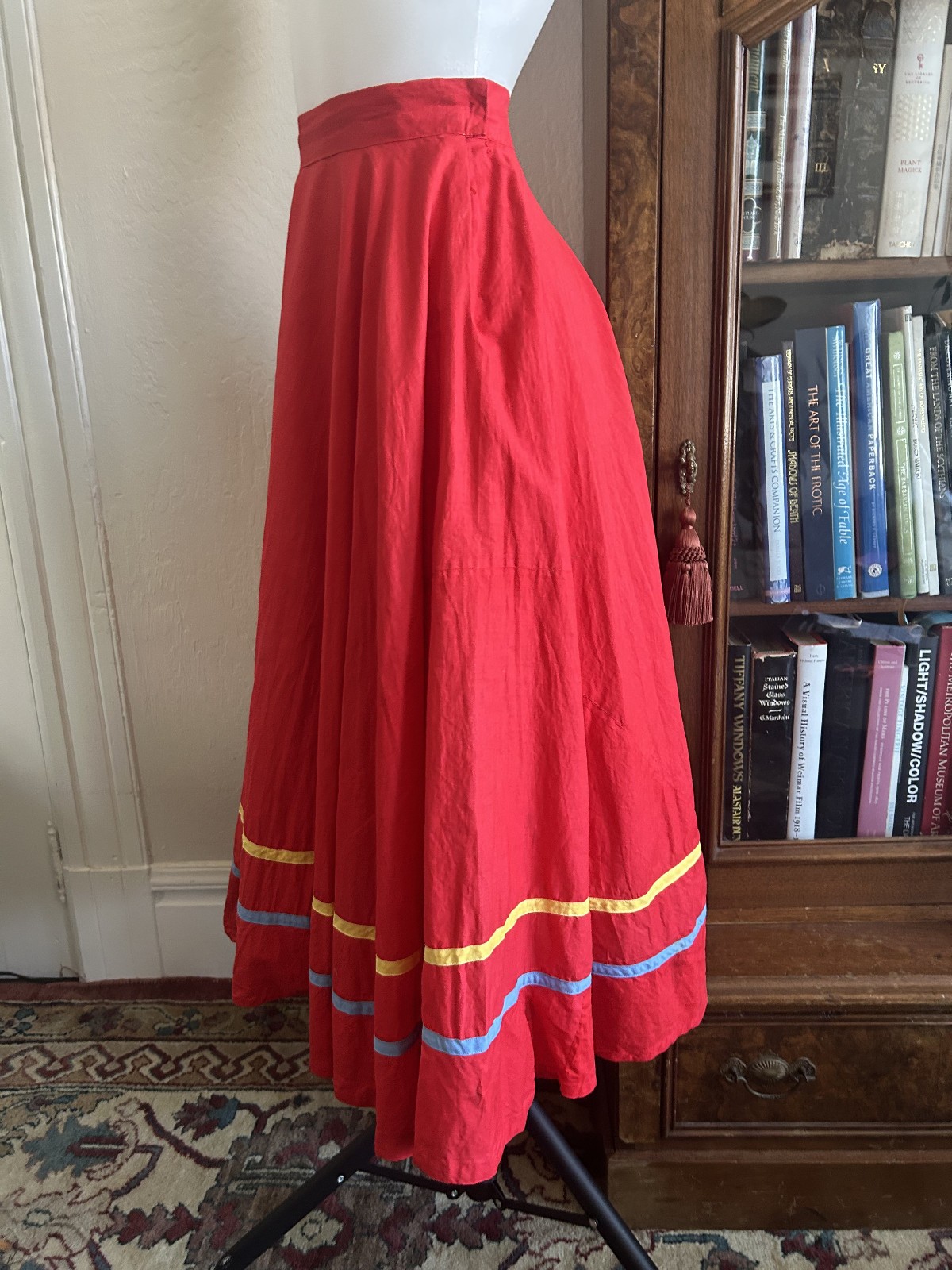 Vintage 1950s Cotton Handmade Red Circle Skirt Full Sweep Rockabilly Pinup 27W M