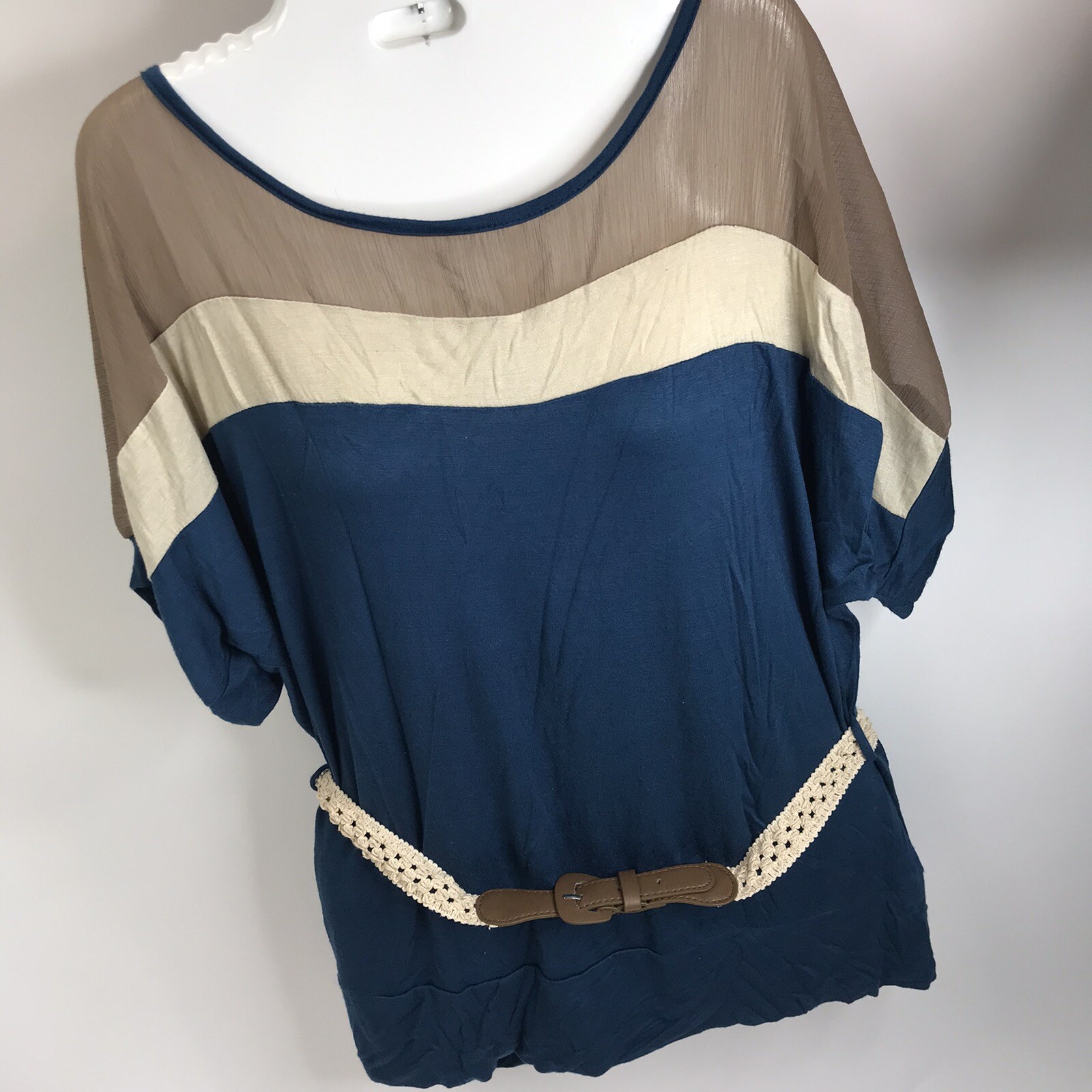Vintage Top Belted Color Block popover Polyester Blouse L/XL Belinda 80s 90s