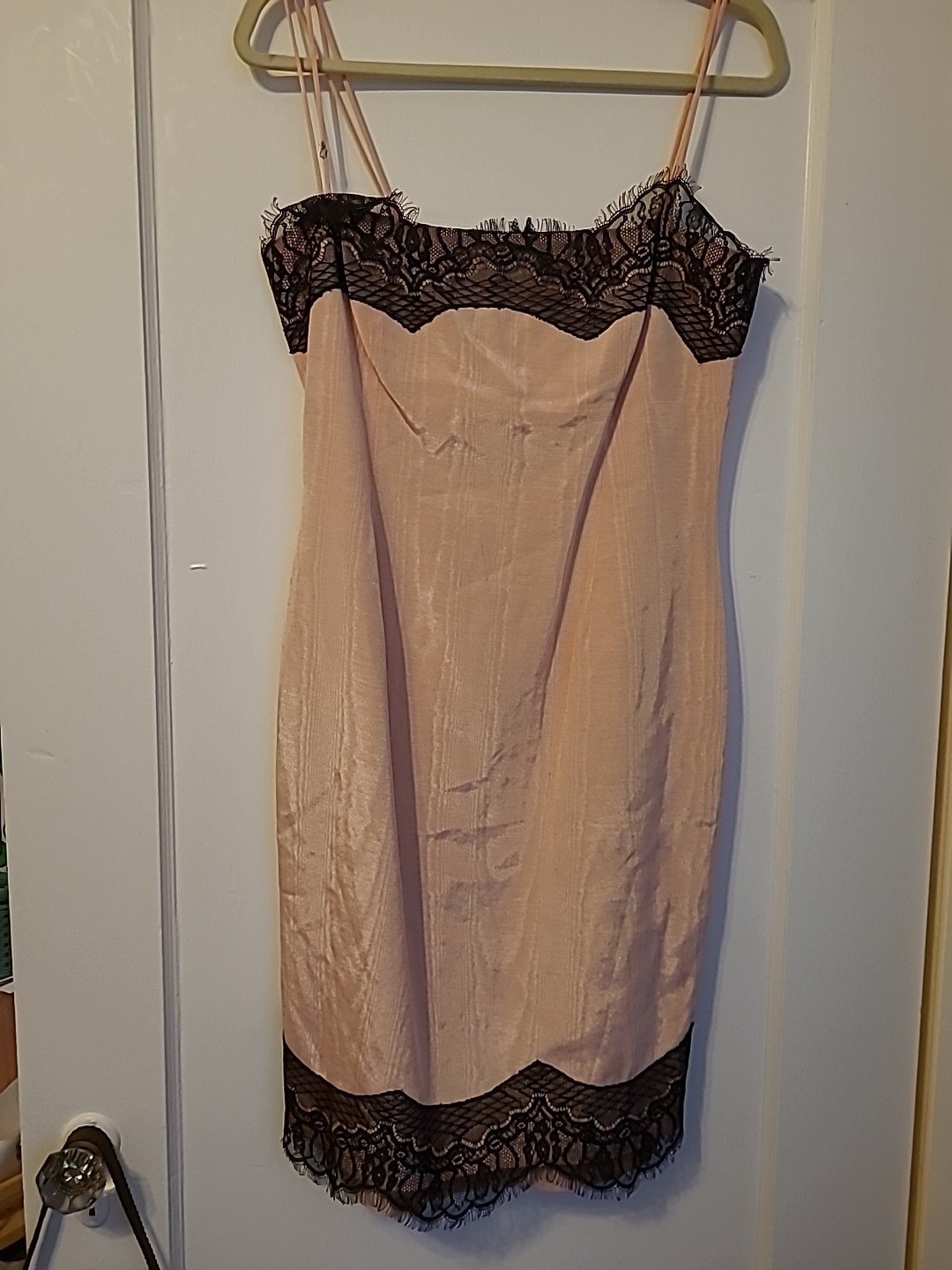 Vintage Dusty Rose Pink Slip Taffeta Dress Black Lace Trim Straps Kathlin Argiro