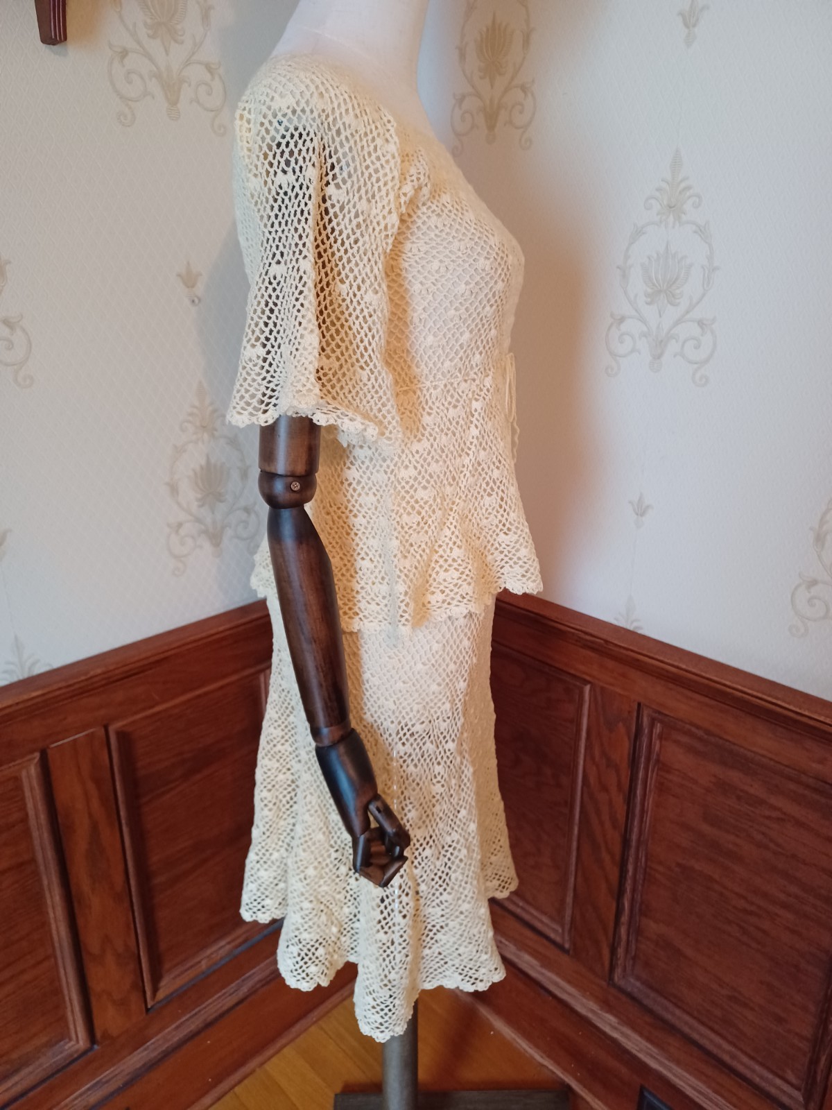 Vintage 1970s Boho/ Hippie/ Beach Wedding Ivory 2-piece Handmade Crochet Dress