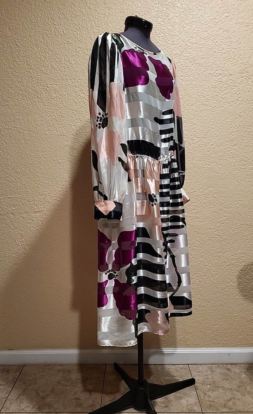 Jackie Taub Womens Dress Multicolor Striped Midi 3/4 Sleeve size 10 vintage