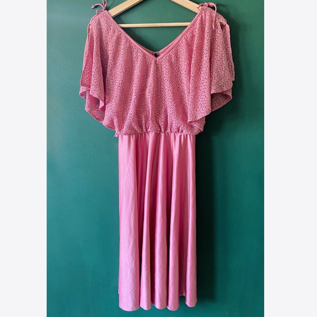 Vintage 70s Dress Boho Crochet Cape Pink Small Medium Disco Spring