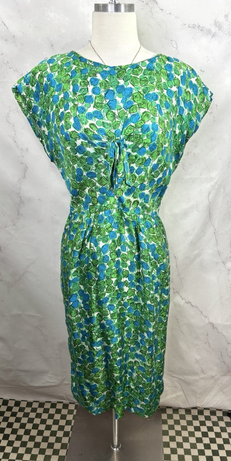 Vtg 60s Wiggle Dress Sheath Green Geomentric Print MCM Retro Garden party M FLAW