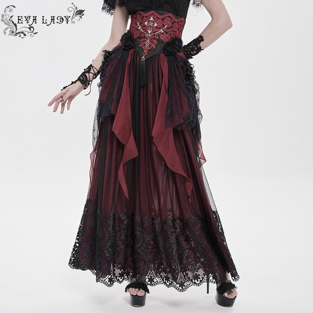Eva Lady Women Black Red Retro Gothic Elegant Cross Bat Corset With Tulle Skirt