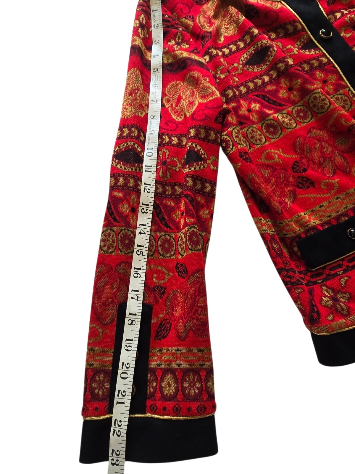 VTG Stuart Alan Cardigan Jacket Sweater Red Black Gold Tapestry Button Front 14