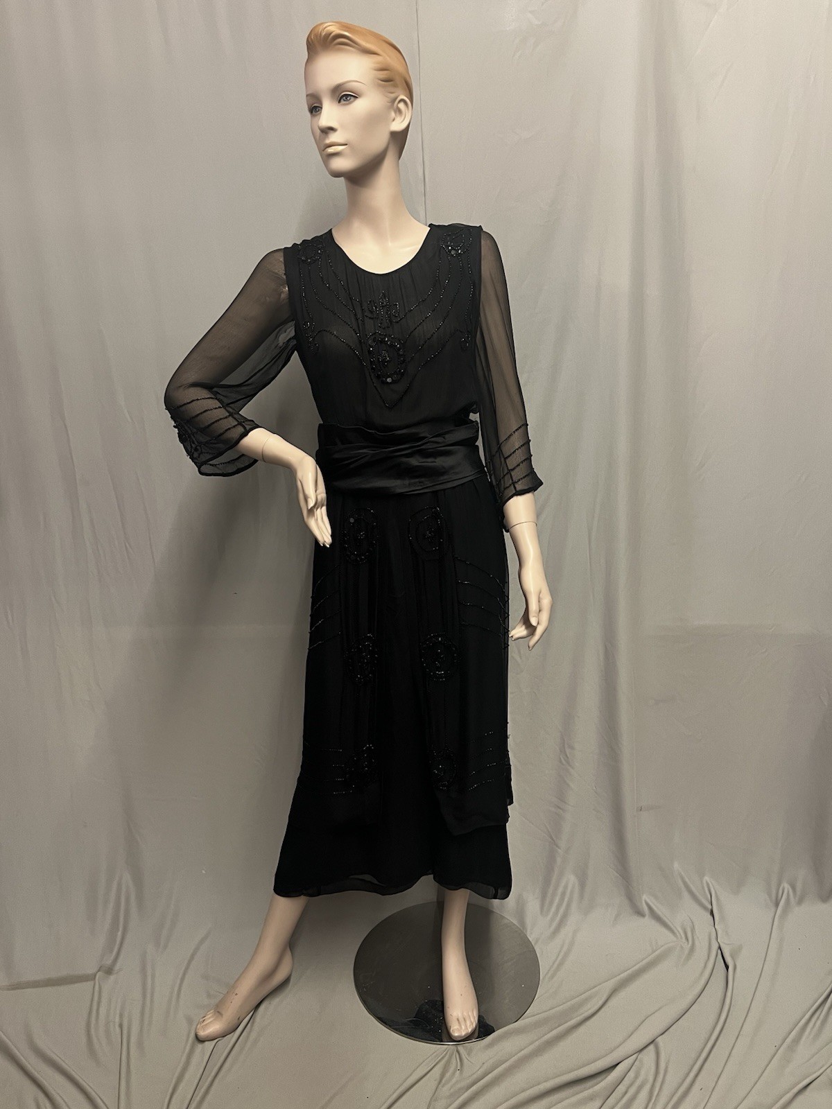 Edwardian 1913-1916 Black Silk Beaded Dinner Gown WWII