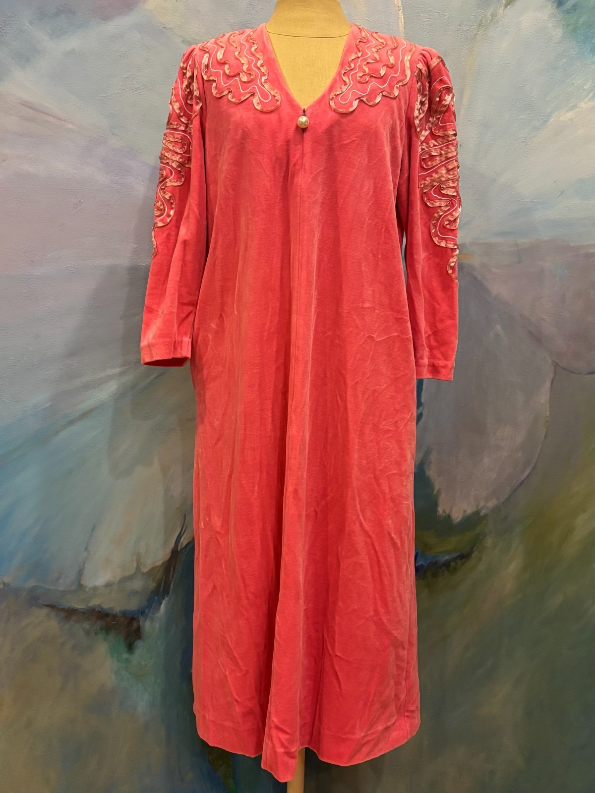 Vintage Lucie Ann Pink Velvet Robe W/ Ribbon Trim & Pearl Zipper Pull USA