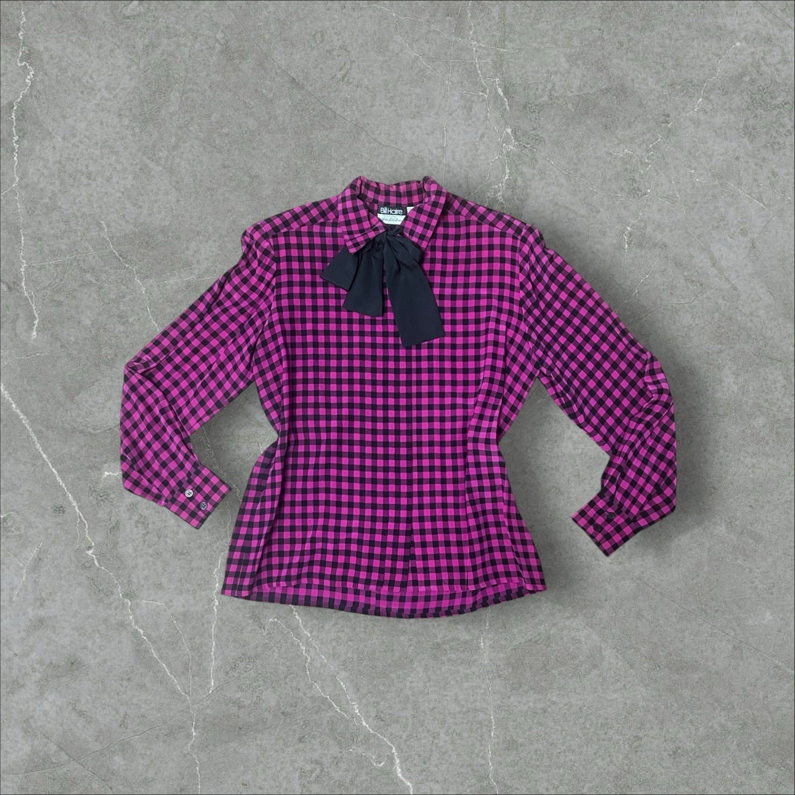 Vintage 70s Hot Pink Black Plaid Gingham 100% Silk Sz 8 Saks Fifth Avenue Blouse