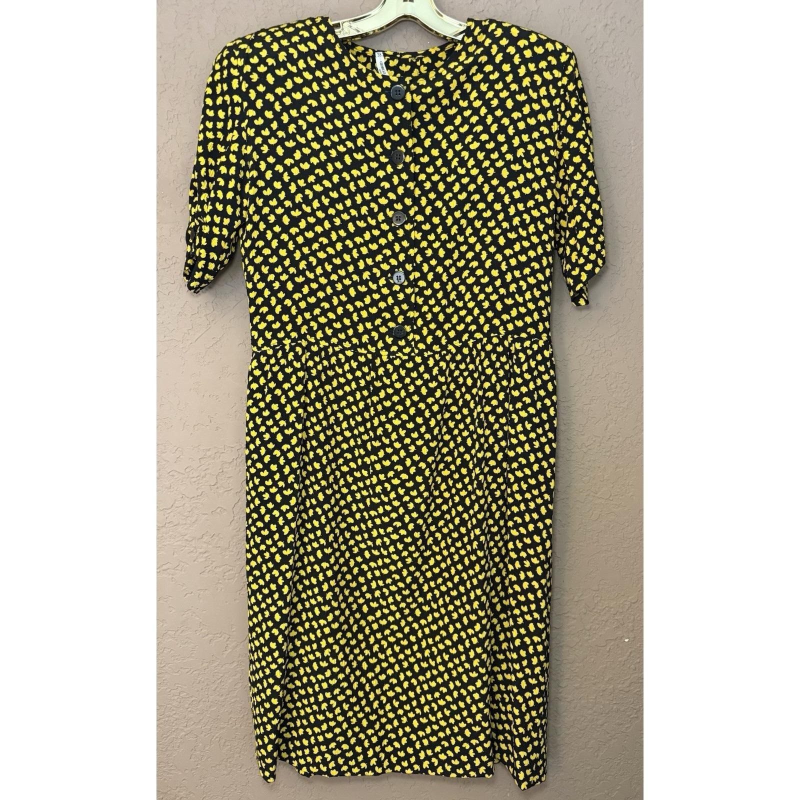 Georgio Armani Silk Blend VTG Black Gold Midi Dress Button Accents Italian Sz 38