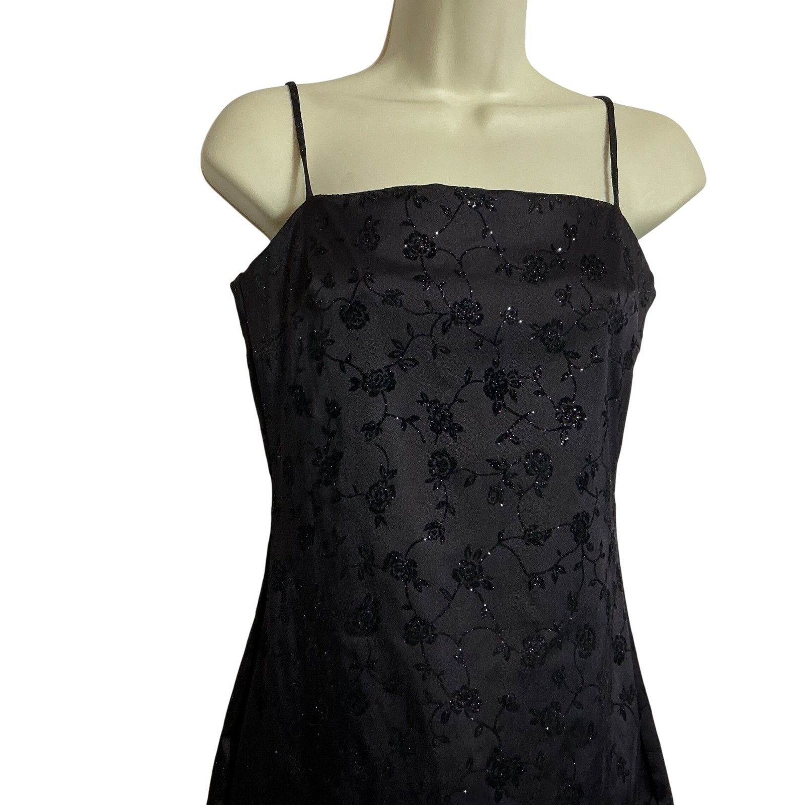 Vintage Byer Too Size 4-6 Black Glitter Floral Maxi Dress 90s Y2K Whimsigoth