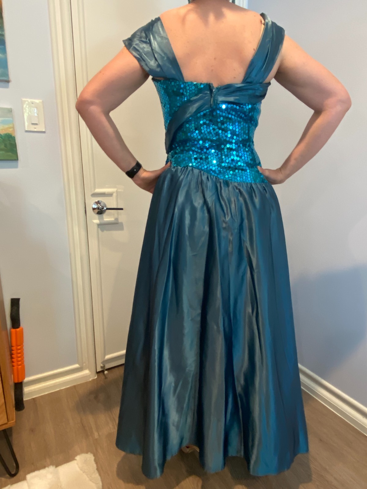 Stunning Vintage 80s Prom Dress Teal Sequin and satin with black crinoline