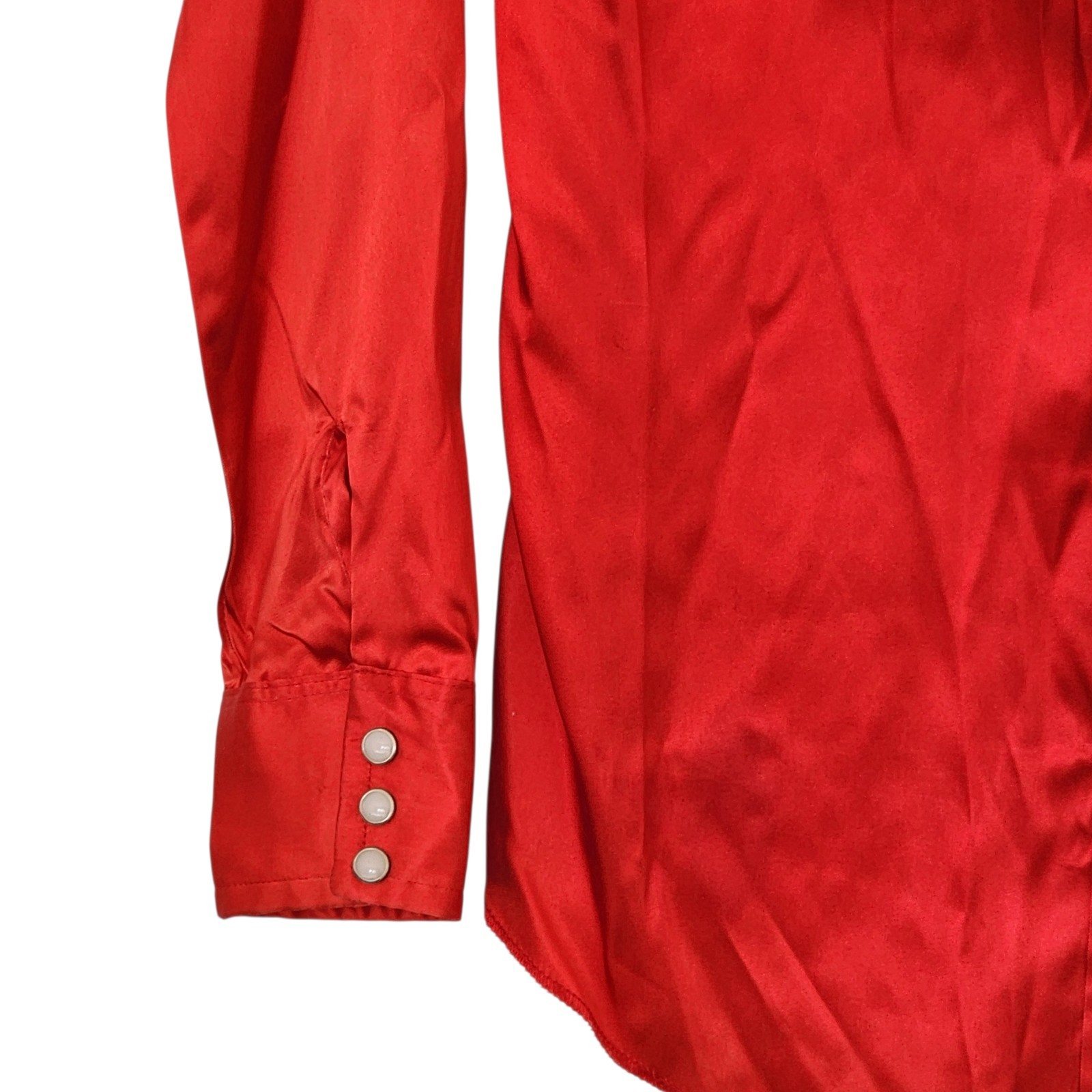 Vintage Dee Cee 1970s Womens Red Satin Western Cowgirl Shirt Pearl Snaps 38 Read