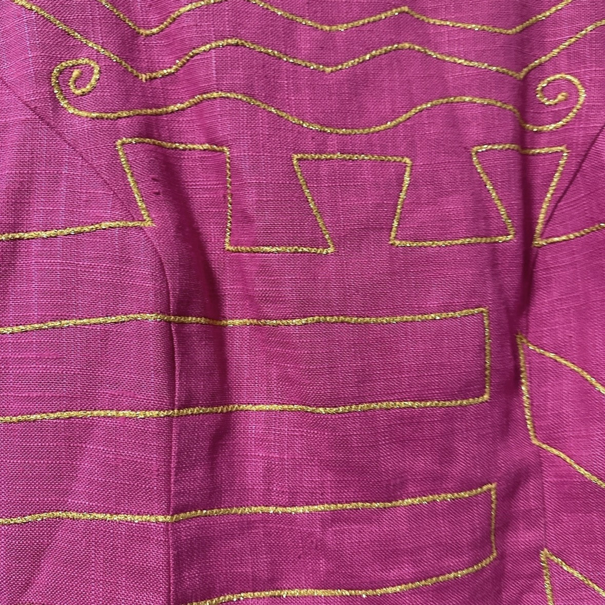 Vintage 80s Santa Fe Bright Pink Midi Dress Gold Embroidery Linen Women’s Sz 8