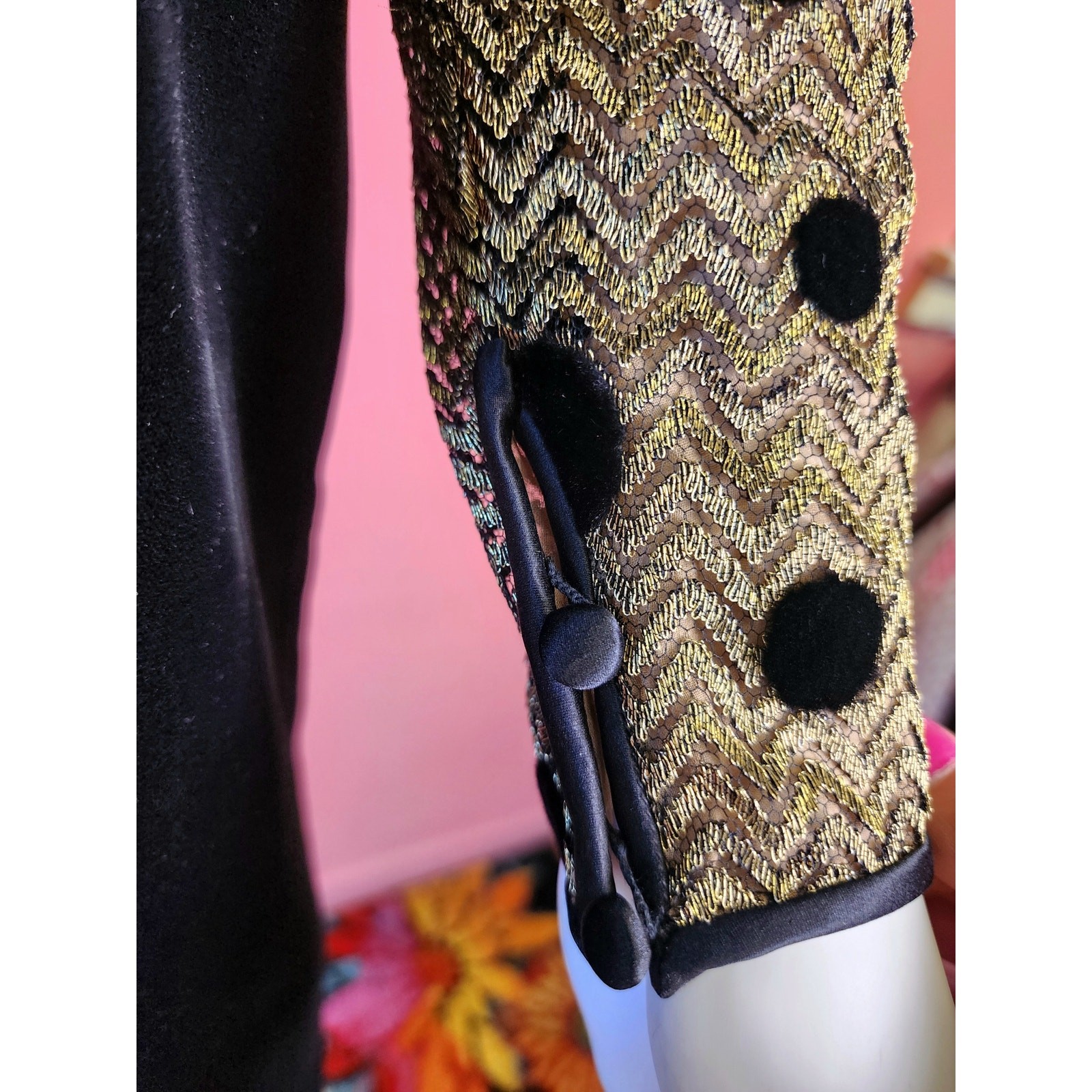 Vintage 1980’s Black Velvet Metallic Gold Polka Dot Long Sleeve Cocktail Dress