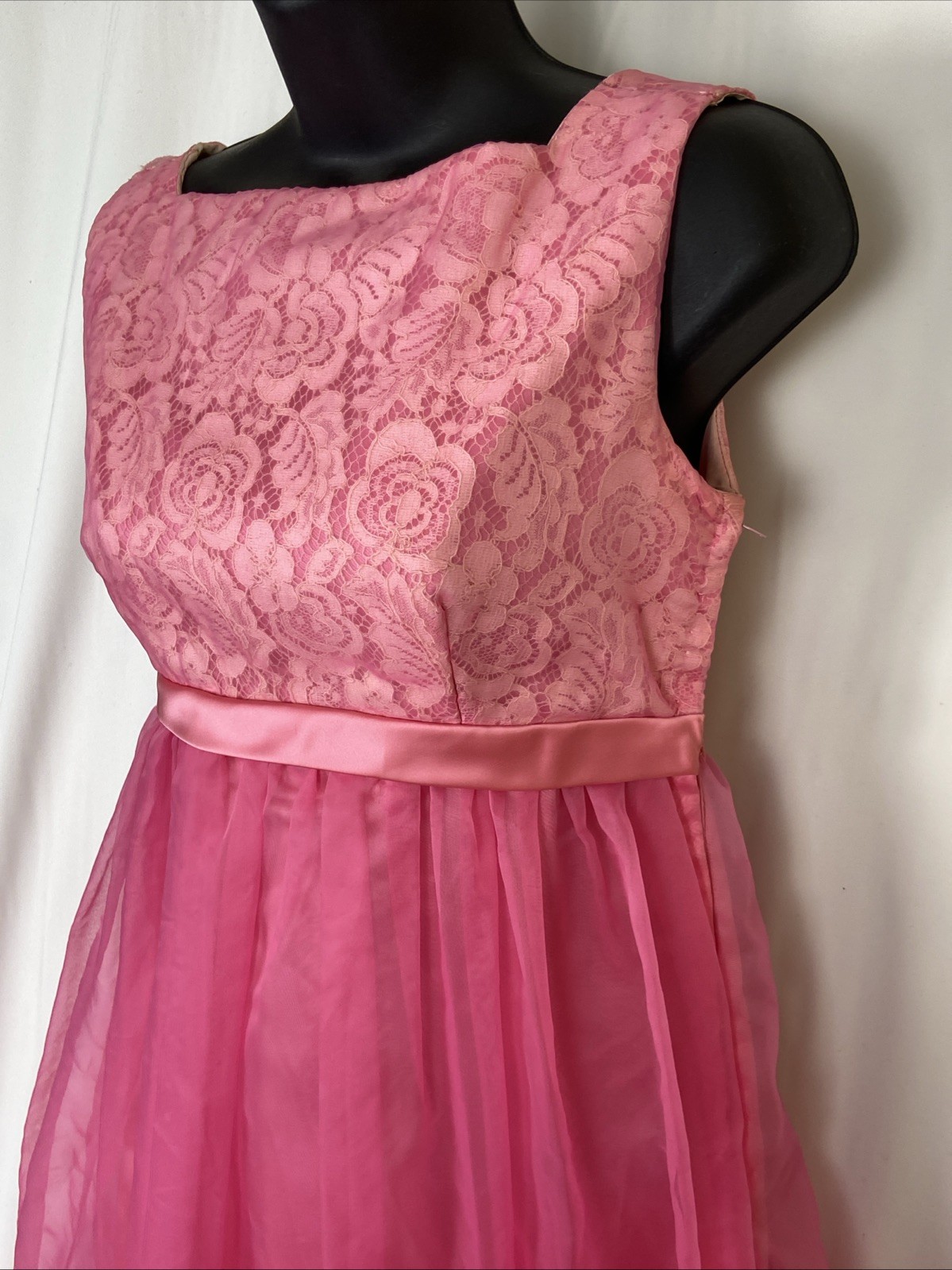 Vintage 60s Sleeveless Chiffon Dress Pink Lace Lined Bow Open Back Empire Waist
