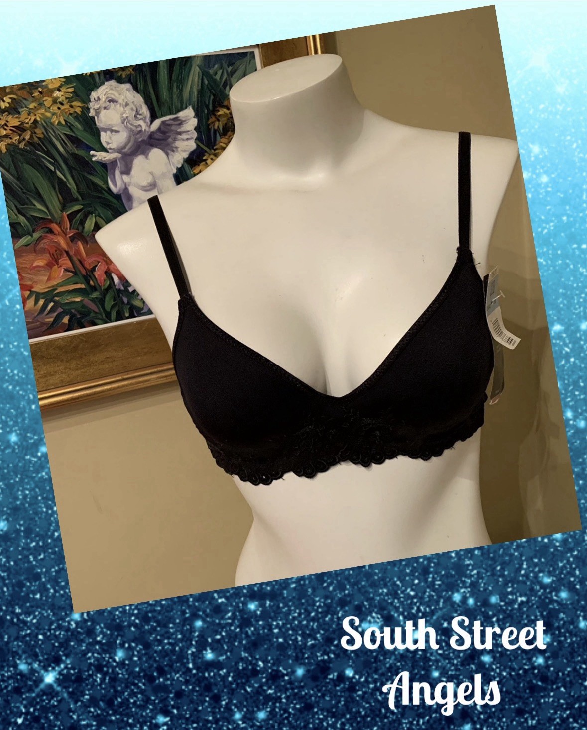 VINTAGE OLGA ~ BLACK SATIN SIMPLY PERFECT EMBROIDERED UNDERWIRE BRA ~ SIZE 32B