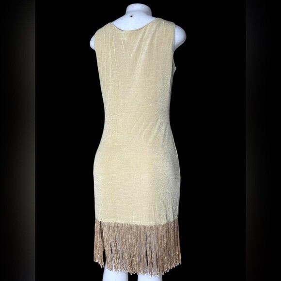 VTG 80s TOGETHER! Metallic Gold Bodycon Flapper Fringe Dress M USA Nylon Spandex