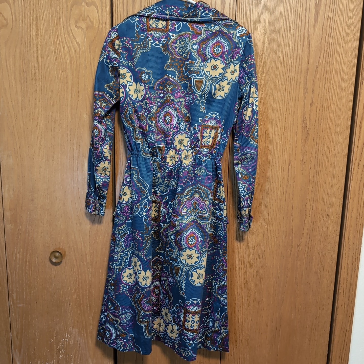 Vintage 1970s McMullen Shirtwaist Dress Blue Paisley Pattern Designer Big Collar