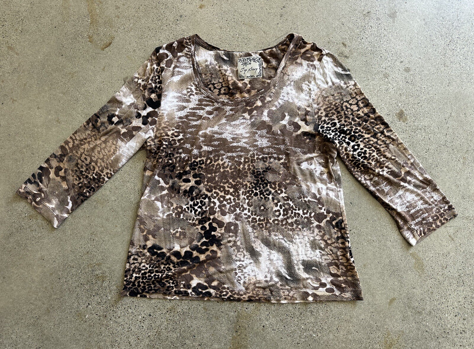 Vintage Top Story Brown Rayon Blend Mixed Animal Leopard Snake Print Top Size L