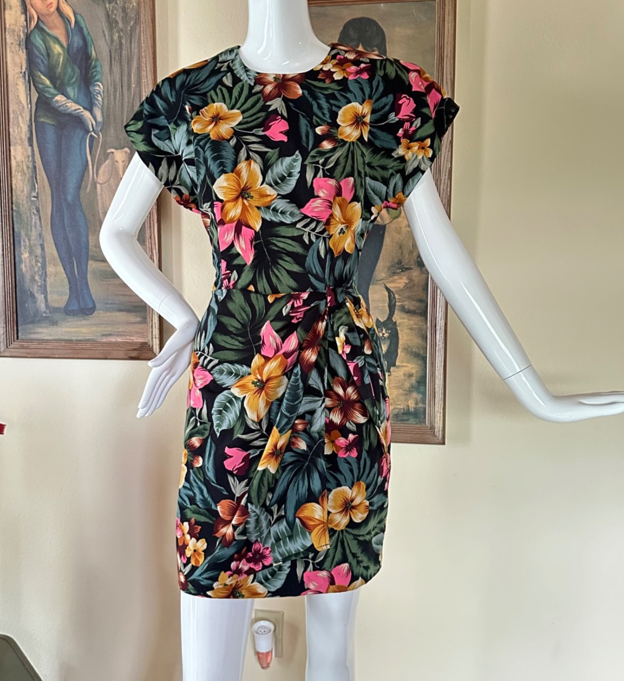 Vintage 1980s Black Floral Hawaiian Short Sleeve Sarong Dress Mini Tiki Goth M