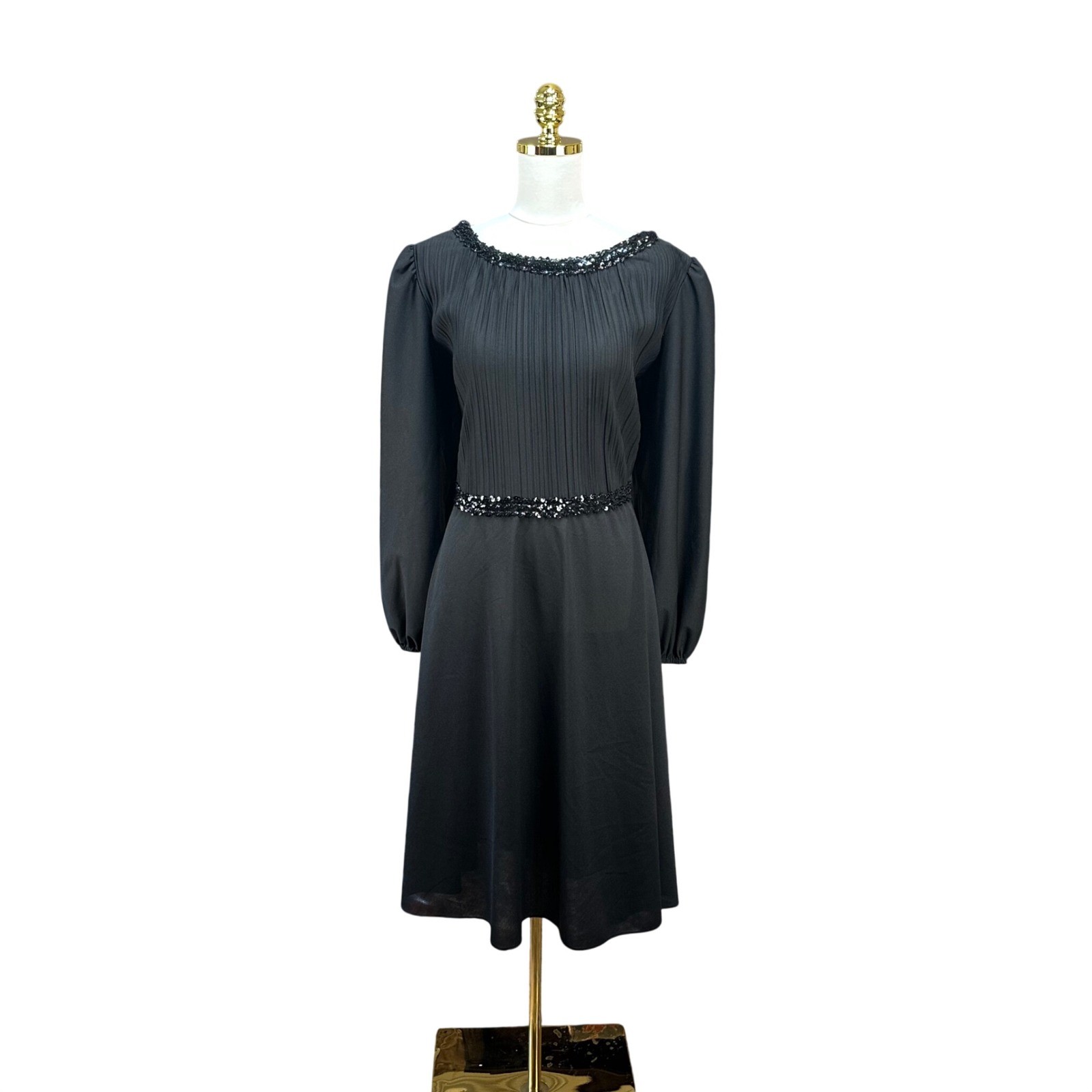 Vintage Boston Maid Black Pleated Sequin Trim Balloon Sleeve Midi Dress Womens