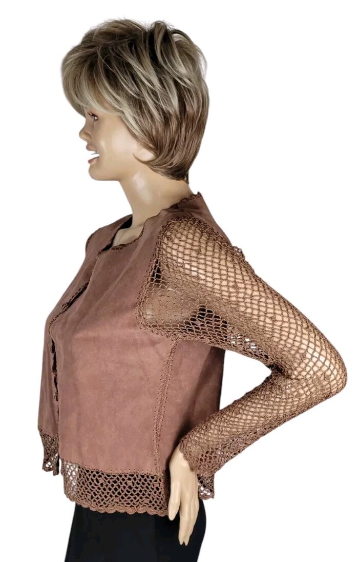 Vtg Y2K Kroshetta By Papillon Brown Leather Suede Crochet Boho Cardigan Top M