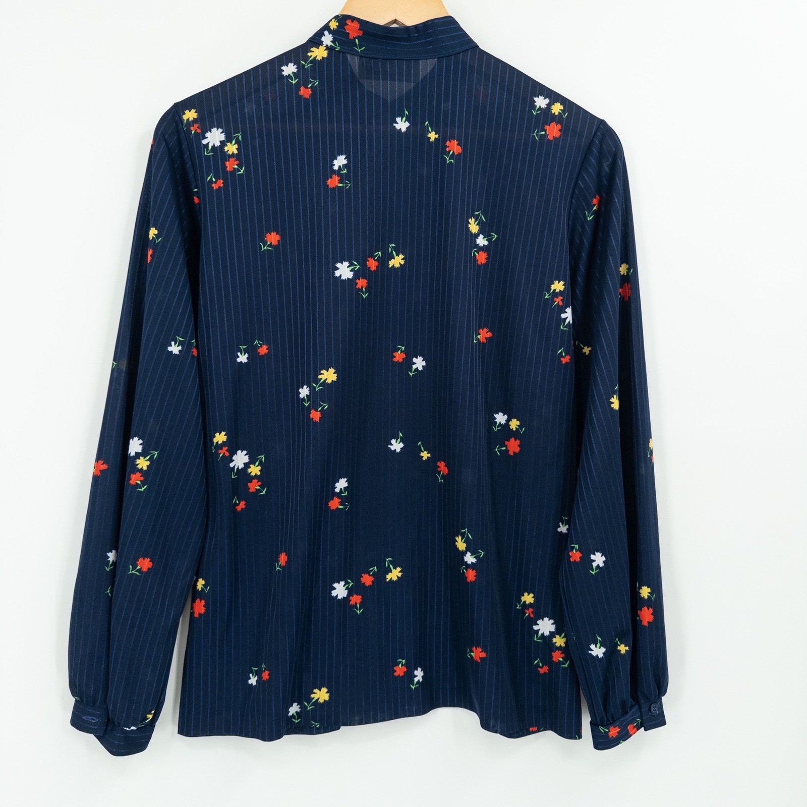 Vintage 70s Navy Floral Pinstripe Prairie Blouse Womens Small