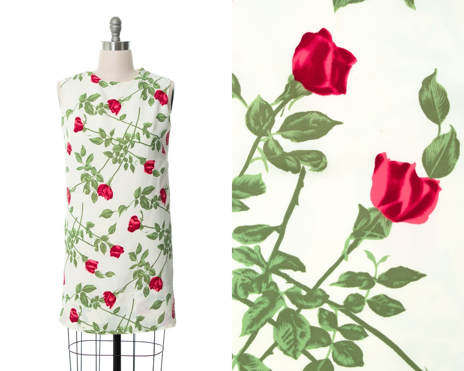 Vintage 1960s 60s Red Rose Stems Floral Printed Dress White Shift Sundress