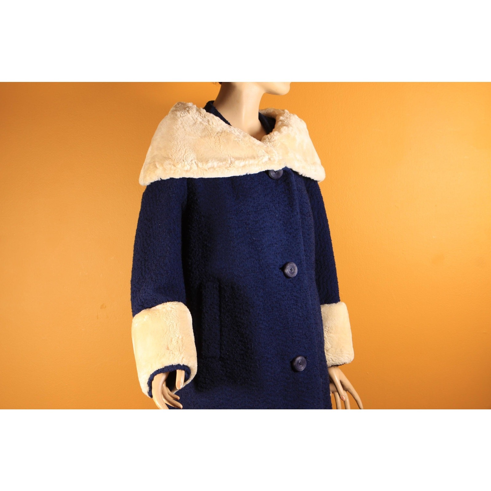 1950s Blue Long Sleeve Cream Sheared Chinchilla Fur Cuff Collar Coat by Adler’s