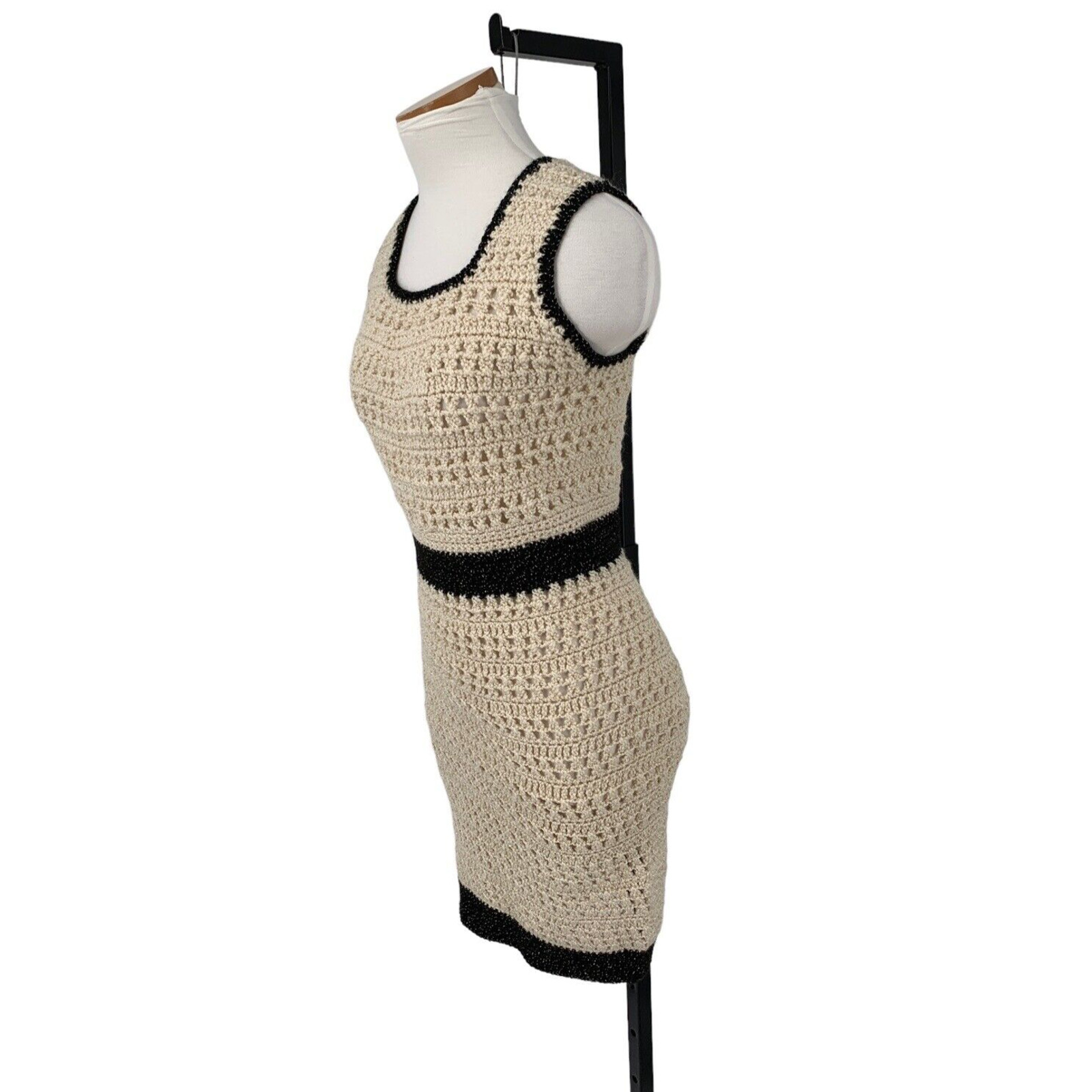 Vintage 70s Crochet Mini Dress Womens Small Hand Knit Woodstock Hippie Festival
