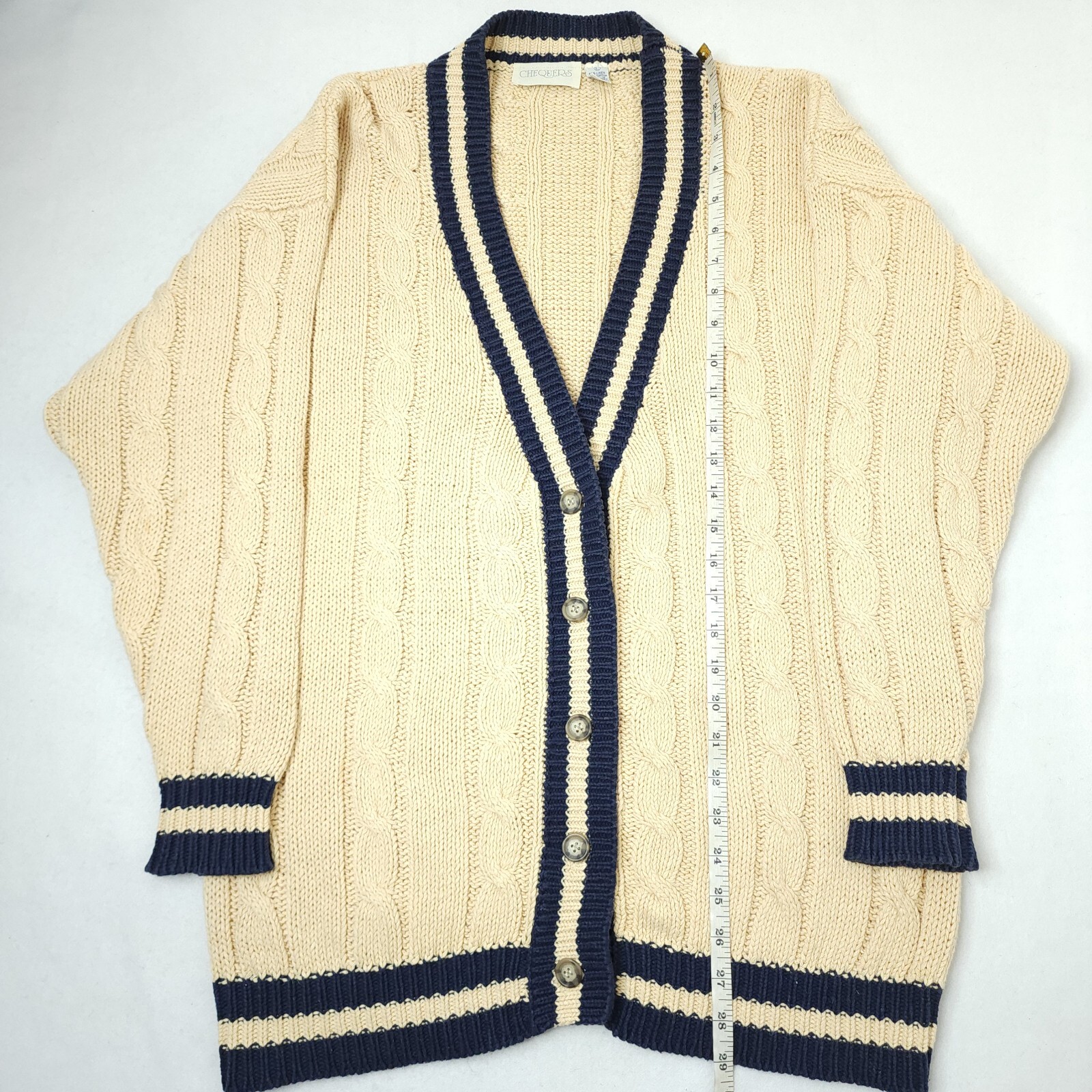 Vintage Chequers Fisherman Cable Knit Cardigan Womens Large Linen Blend Sweater