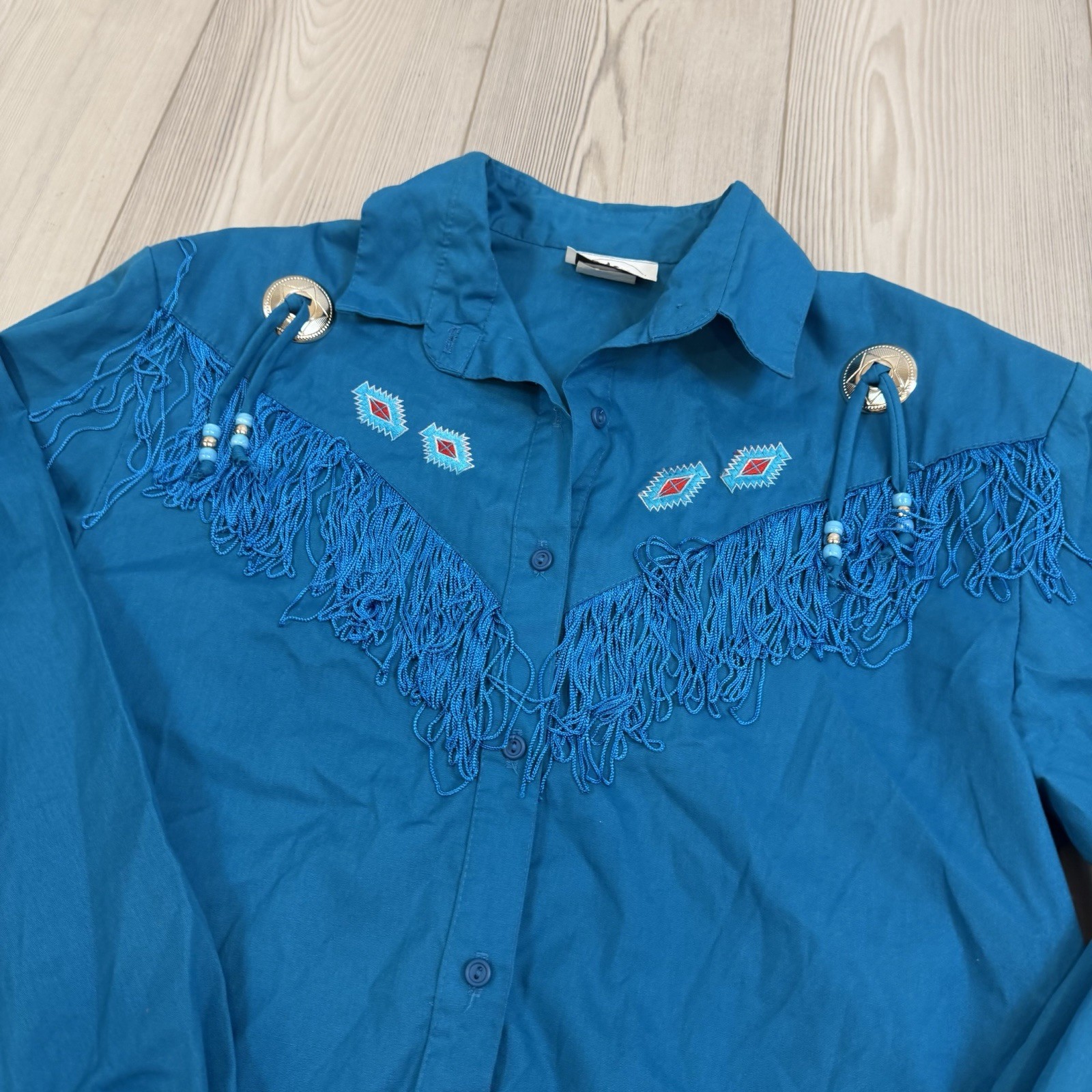 Vintage Western Collection Blue w/ Fringe Embroidered Bolo Long Sleeve Meduim