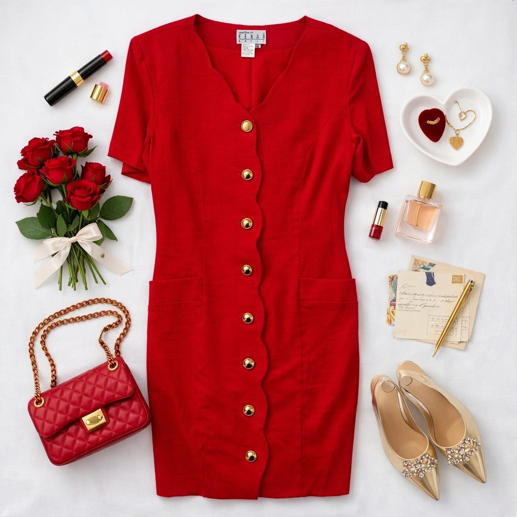 Wms 90s Vintage Linen Shift Dress Red Scalloped Button Front Kenar Size 14 NWT