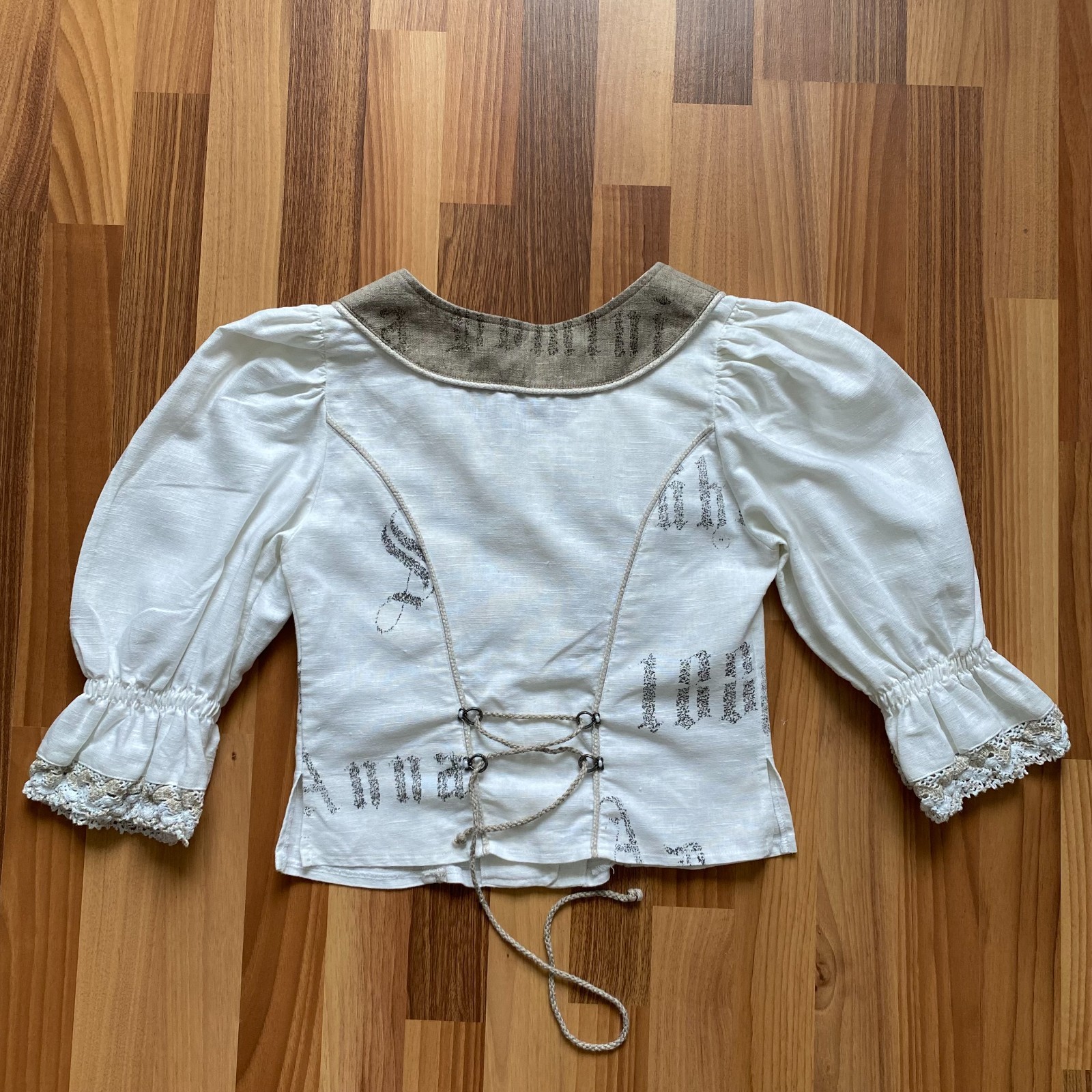 Vintage German Linen Puff Sleeves Blouse Button Front Corset Cottagecore Folk 34