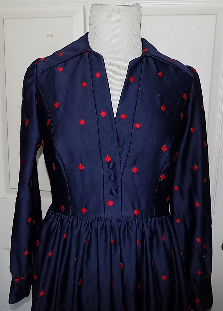 Vintage Long 70s Eleanor Brenner Couture Navy Blue Red Embroidered Dress B38