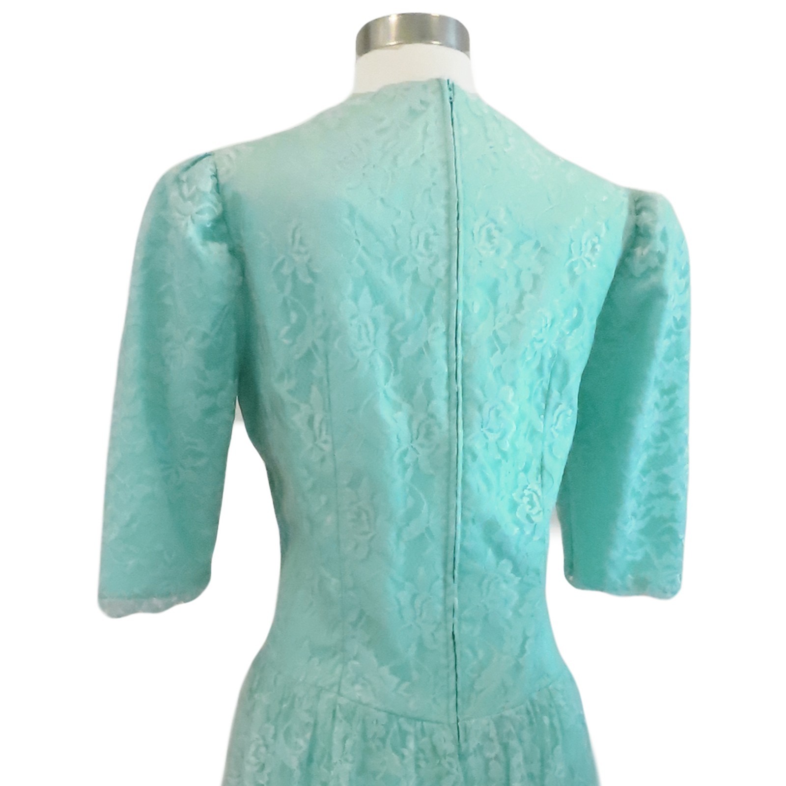 Vintage 80s Blue Green Seafoam Lace Peplum Sheath Cocktail Party Prom Dress L XL